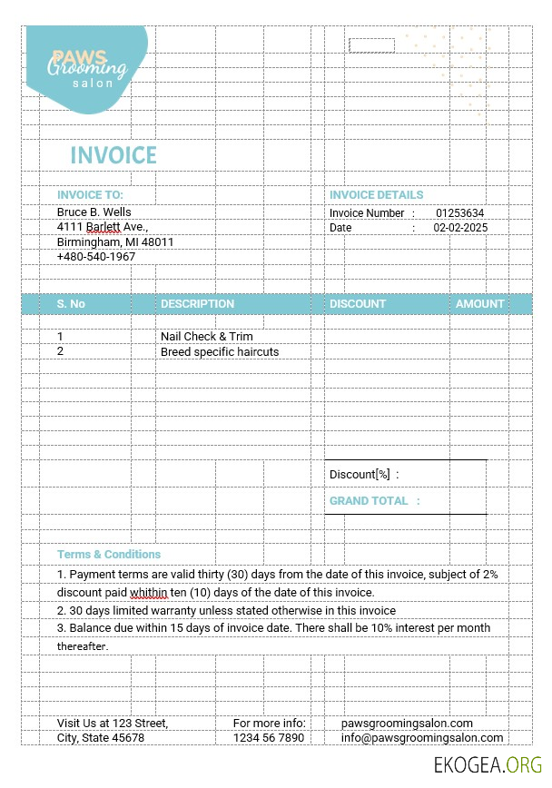 Modèle de facture de toilettage pour animaux de compagnie